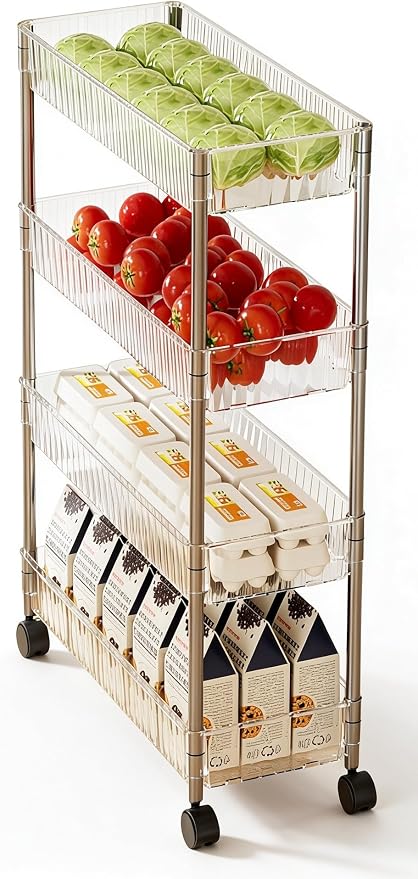 Sooyee Slim Rolling Storage Cart, 4 Tier, Clear | Bathroom Rolling Utility Cart Storage Organizer, for Office Bathroom Kitchen Laundry Room Narrow Places