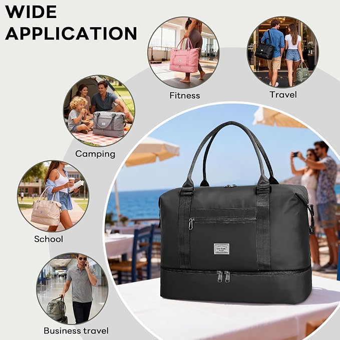 TANTOMI Travel Duffle Bag for Women Personal Item Travel Bag with Shoes Compartment, Weekender Overnight Bag Carry On Duffle Bag Tote Gym Bag for Travel, Sports, Hospital, Dance, Black
