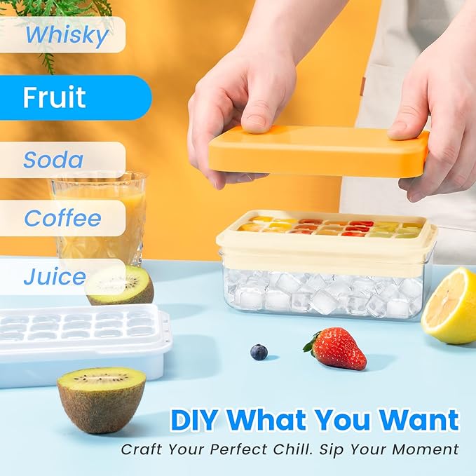 0.8“ Ice Cube Tray with Lid and Bin, PHINOX 84 Cubes Ice Trays for Freezer, Ice Cube Trays for Freezer with 3 trays, Container, Lid & Ice Scoop, BPA Free, Yellow(28Cubes/Tier)