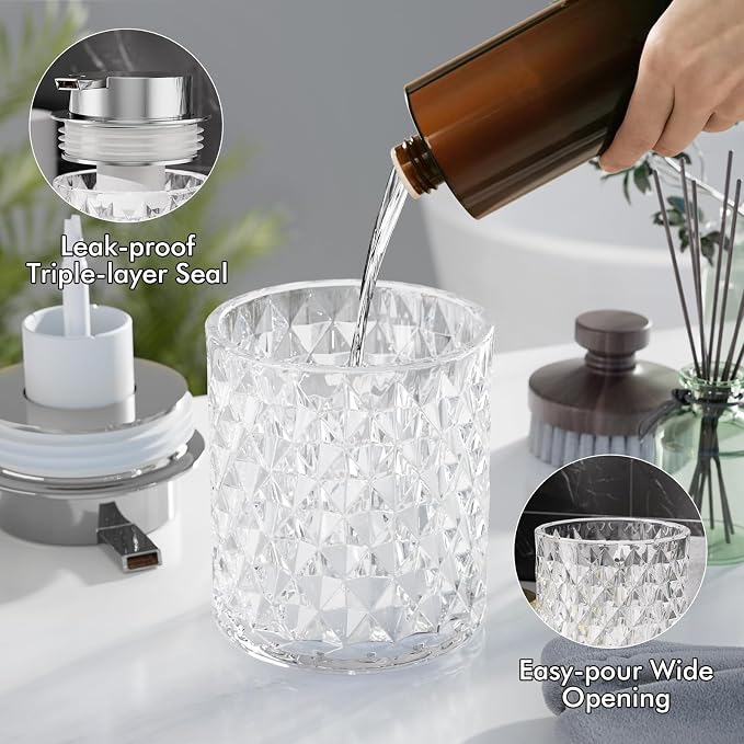 Bathroom Accessory Set, Foaming Soap Dispenser 2Pack, Glass Hand Foaming Soap Dispenser, Refillable Clear Pump Bottles for Liquid or Lotion, Crystal Decorative Handwash Dispenser for Bathroom, Kitchen