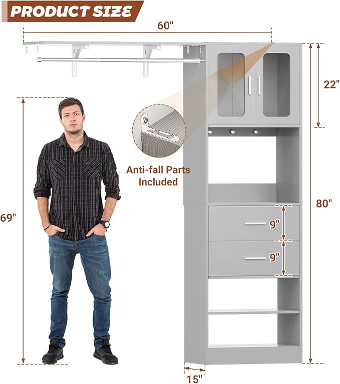 5FT Closet System with Doors and Wooden Drawers, 60'' Reversible Closet Organizer System with Big Wing Shelf and Hanging Rod, 80'' Tall Walk in Wardrobe Closet System with Shelves & Hooks, Grey