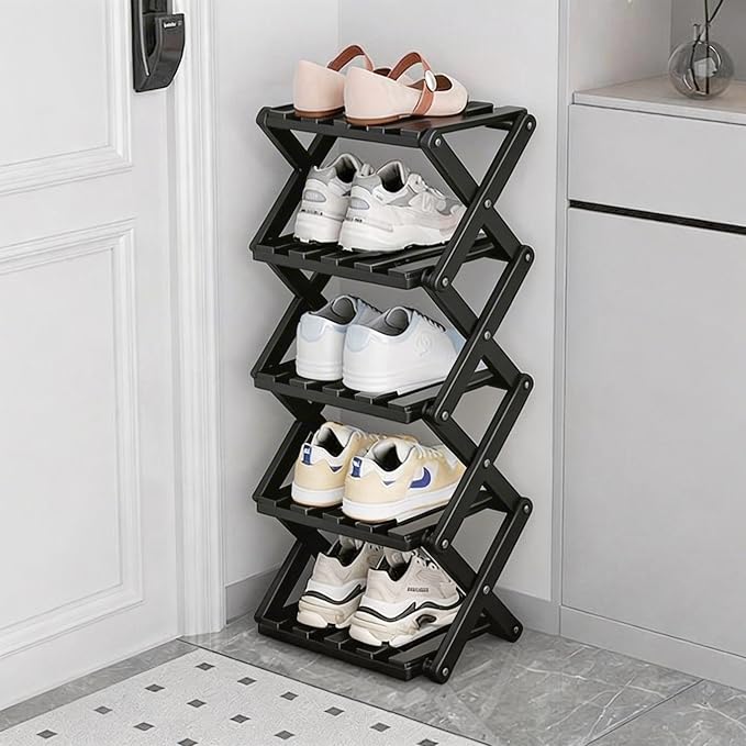 Vertical Black Shoe Rack Small, 5 Tier Portable Folding Shoe Storage Rack, Without Installation Free Standing Shoe Rack for Corridors, Bedrooms Living Room Corner and Small Spaces