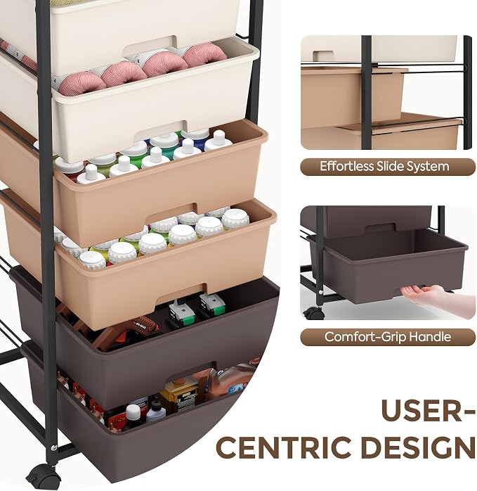 6 Drawer Rolling Storage Cart with Wooden Top and Wheels for Crafts,Brown | Easy Setup, Large Capacity, Sturdy Build, Lockable Mobility, For office, classroom and art studio supplies