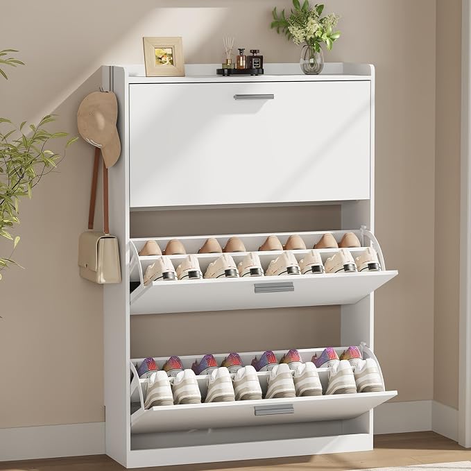 Shoe Cabinet Organizer with 3 Flip Drawers, Freestanding Shoe Storage Cabinet, Adjustable and Removable Dividers, 31.5"W x 8.7"D x 47.2"H Narrow Shoe Rack for Entryway, Foyer, Hallway, White