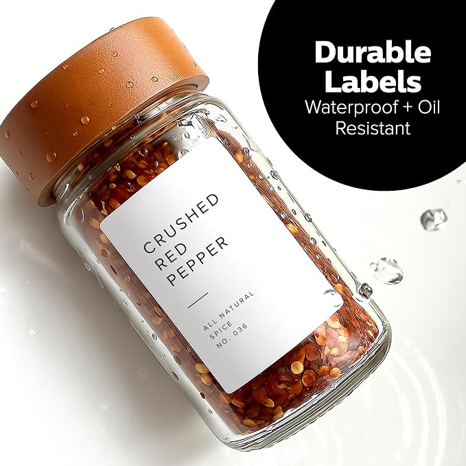 250 White Spice Labels by ThreeKin | Waterproof & Oil-Resistant Pre-Printed Stickers for Spice Jars | Durable, BPA-Free Seasoning Labels | Easy-Clean, No-Residue Design | Proudly Female & USA Owned