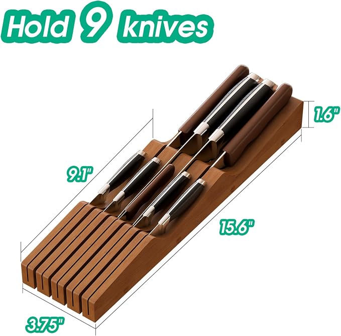 Knife Drawer Organizer (Brown, 9 Knives Organizer)