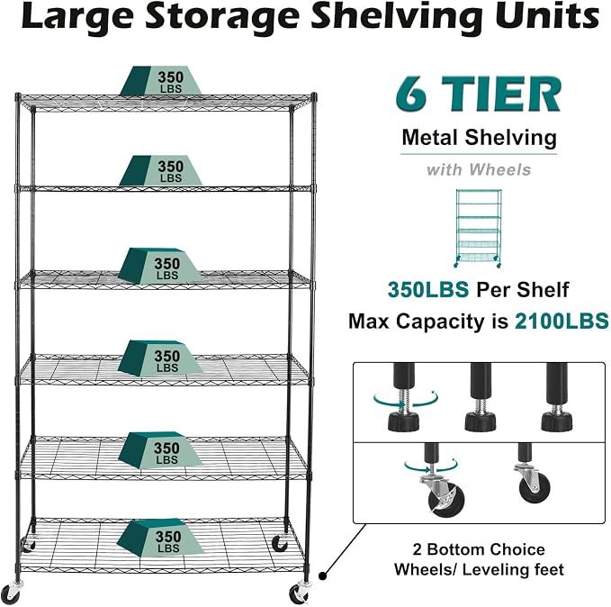 WDT NSF Certified Storage Shelves on Wheels, Heavy Duty Metal Shelves for Storage with Adjustable Stand, 6-Tier Wire Shelving Unit for Garage Pantry Kitchen Shelf Rack(17" W*47" D*80" H), Black