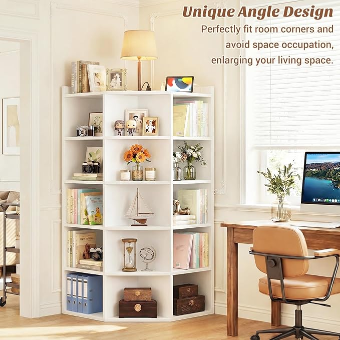 Aheaplus Corner Cabinet, 6-Tier Corner Bookshelf with Power Outlets, Corner Cube Storage Shelf with Top Table, Wooden L Cubby Toy Storage with 15 Cubes for Home Office, Bedroom, Living Room, White