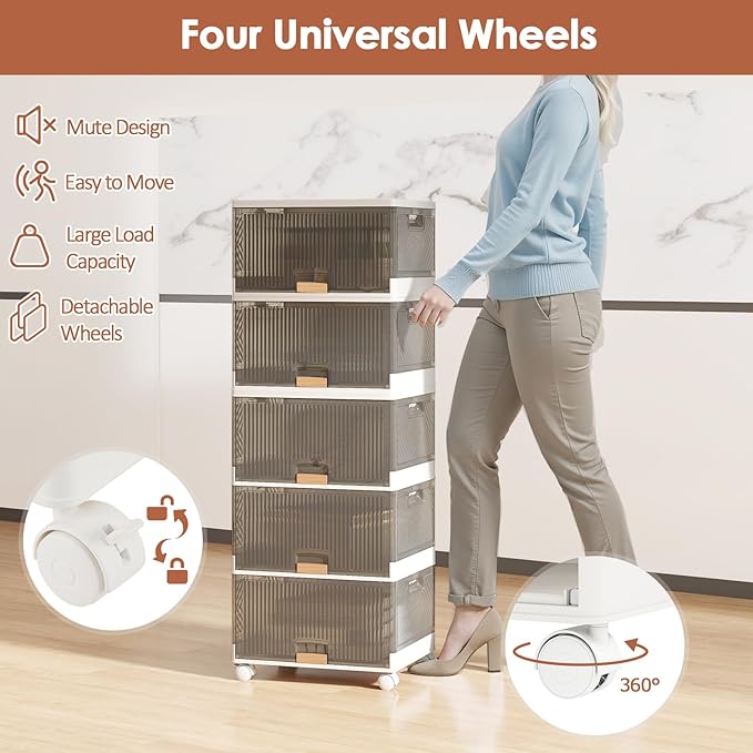 Giantex 5 Tier Stackable Storage Bins with Lids, 22.5 Gal Foldable Shoe Storage Box with Detachable Wheels & Flip-Up Doors, Collapsible Closet Organizers and Storage Bins