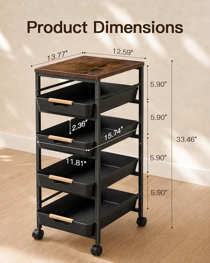 Pipishell Rolling Storage Cart with Drawers & Lockable Wheels, 5 Tier Kitchen Cart with Safety Stops & Vented Design, Wood Top, Pull-Out Utility Cart for Kitchen, Home Office, Bedside, Black