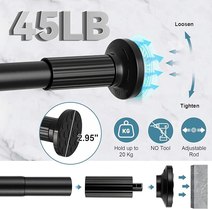ZOCONE Tension Curtain Rod 51-148 In (4.25-12Ft), Long Outdoor Curtain Rod No Drilling for Patio Window, Adjustable Shower Curtain Rod for Bathroom, Never Rust, Tool-Free, Rod Diameter 1.26 In, Black