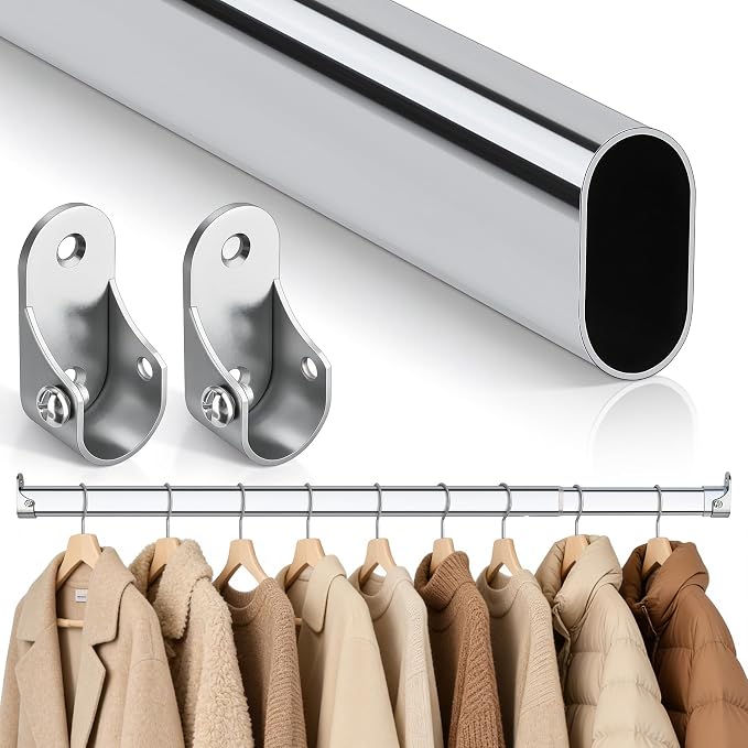 Premium Oval Closet Rod with End Supports- Chrome,No-cut 30"-54" | End Supports Includes