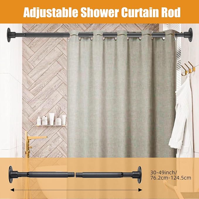 Shower Curtain Rod 30-49 Inch Closet Rod, 1 Inch Diameter Adjustable Heavy Duty Shower Rods Anti-Rust Wall-Mounted Fixed Shower Curtain Rod, Matte Black