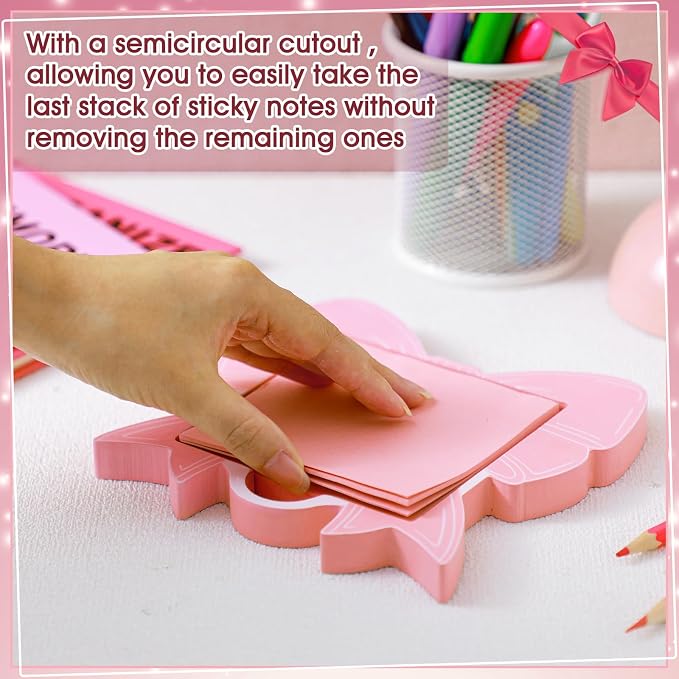 Pink Bow Sticky Note Holder Large Wood Notepad Dispenser 3 x 3 Sticky Notes Organizer Cute Self Stick Memo Pad Holder for Desk Office Back to School Gift, No Pads Included