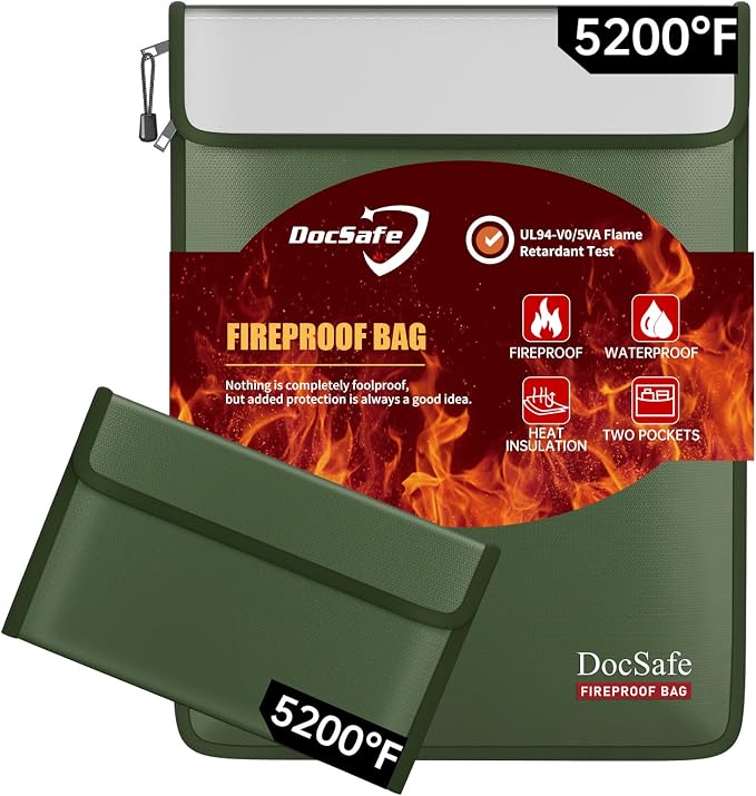 DocSafe Fireproof Document Bag (5200℉) with Fireproof Organizer Travel Case,Heat Insulated Fire＆Water Resistant 8 Layers Safe Money Bag Storage for Important Documents,Cash,Power Bank,Valuables,Green