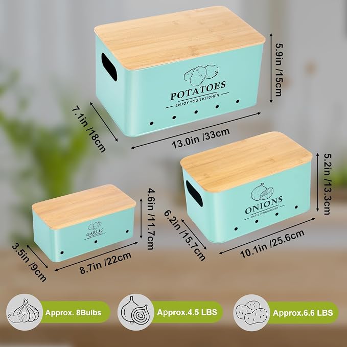 Kitchen Vegetable Storage Set of 3, Metal Onion Garlic Potato Storage Set, Kitchen Canisters Vegetable Keeper Containers with Aerating Holes and Bamboo Lid，Blue