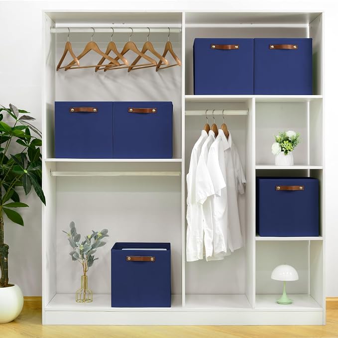 FinishingBo 13 inch Storage Bins with Labels 6 Pack | PU Leather Handles, Foldable Storage Cubes, Storage Baskets, Closet Storage, Blue