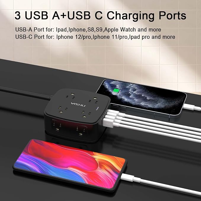 10 Ft Surge Protector Power Strip - 8 Widely Outlets with 4 USB Ports, 3 Side Outlet Extender with 10 Feet Extension Cord, Flat Plug, Wall Mount, Desk USB Charging Station, ETL, Black