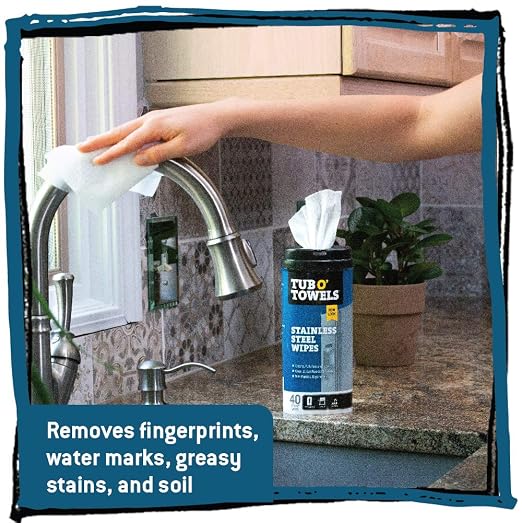 Tub O' Towels Heavy Duty Stainless Steel Wipes TW40-SS – 40 Count Multi Surface Cleaning Wipes for Appliances, Metal & Kitchen Surfaces