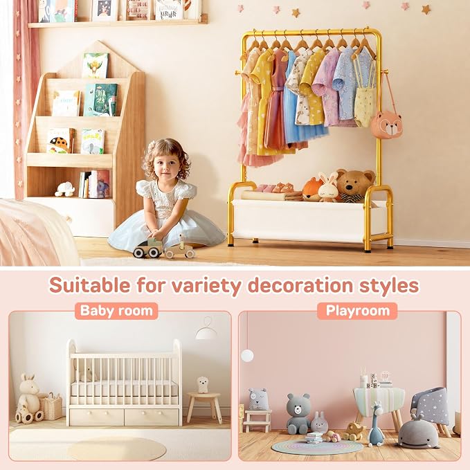 Kids Clothing Rack with Storage Shelf, Kids Dress Up Storage for Coats, Small Baby Garment Rack for Hanging Clothes, Toddler Wardrobe Closet Organizer (Gold, Classic)