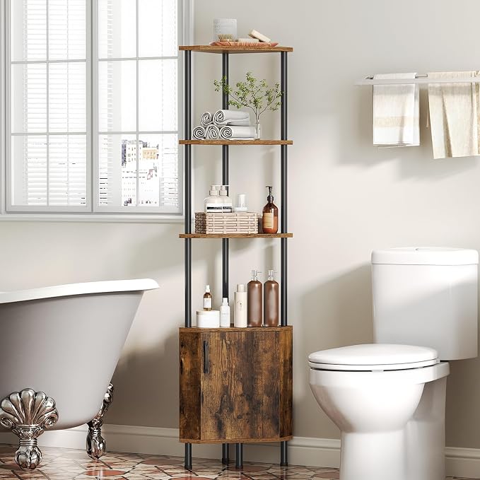 HOOBRO Corner Cabinet with LED Light, Corner Shelf Stand with Storage and Doors, 5-Tier Industrial Corner Bookshelf, 59” Tall Display Rack Shelf, for Living Room, Kitchen, Rustic Brown BF147DCJ01