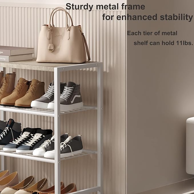 HOMEFORT 4-Tier Shoe Rack, Modern Industrial Shoe Storage Tower, Narrow Shoe Organizer for Closet Entryway, Small Shoe Rack Table with Durable Metal Shelves and MDF Top, White Oak