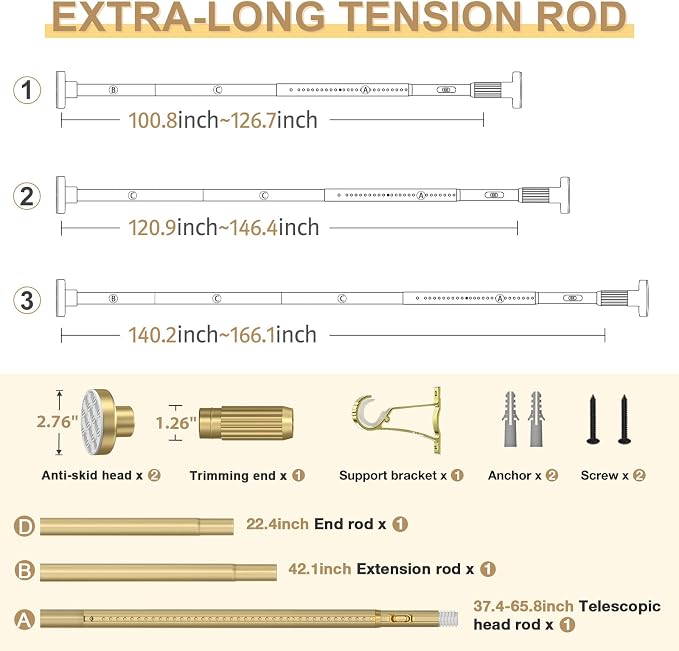 Gold Tension Curtain Rod 41-166In(4-14Ft), Extra Long Outdoor Curtain Rod No Drilling for Window or Bathroom Patio, Adjustable Spring Shower Rod,Rod Diameter 1.26In-One-bond stretching