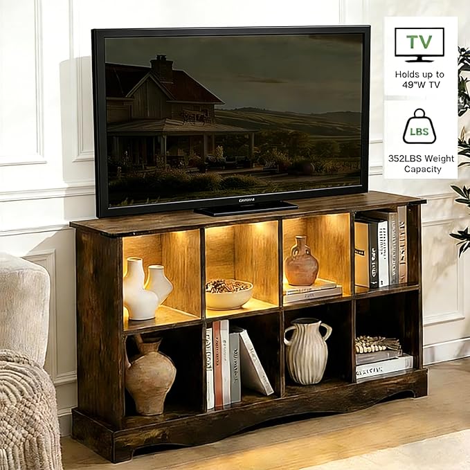 8 Cube Storage Organizer Bookcase, Long Horizontal Wood Bookshelf with Open Compartments, Multi-Purpose Cube Shelf, Hallway TV Stand for Living Room, Bedroom, Entryway, Brown