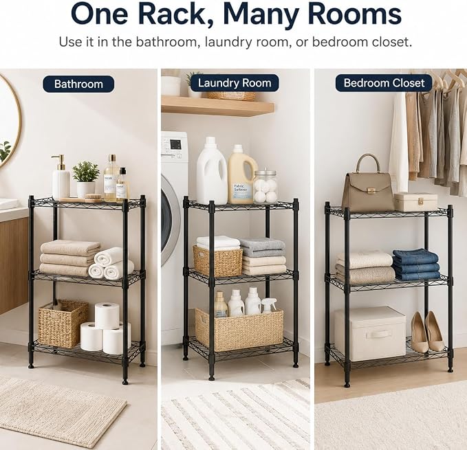 3 Tier Storage Shelves, Metal Wire Shelving Unit, Heavy Duty Adjustable Shelf Rack for Pantry, Kitchen, Garage and Laundry Room, Black