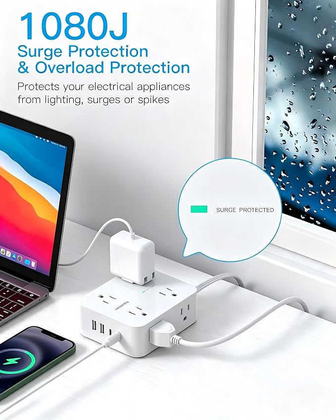 25 Ft Extra Long Extension Cord, 1080J Surge Protector Power Strip HANYCONY | Ultra-Thin Flat Plug, 8 Widely Spaced Outlets & 4 USB Ports (2 USB C), for Home, Office, Workshop, Wall Mount Design