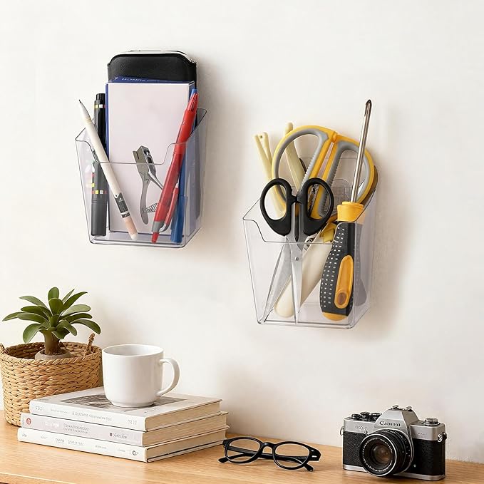 Wall Storage Cups 6 Pack Storage Organizer Holders Square Shape Box Hanging Wall Bins Baskets for Work Bench Craft Room, Office, kitchen, home Organization (Clear)