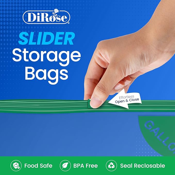 DiRose Gallon Slider Storage Bags, Easy Open Zip, Ideal for Food Storage and Organization, 200 Count