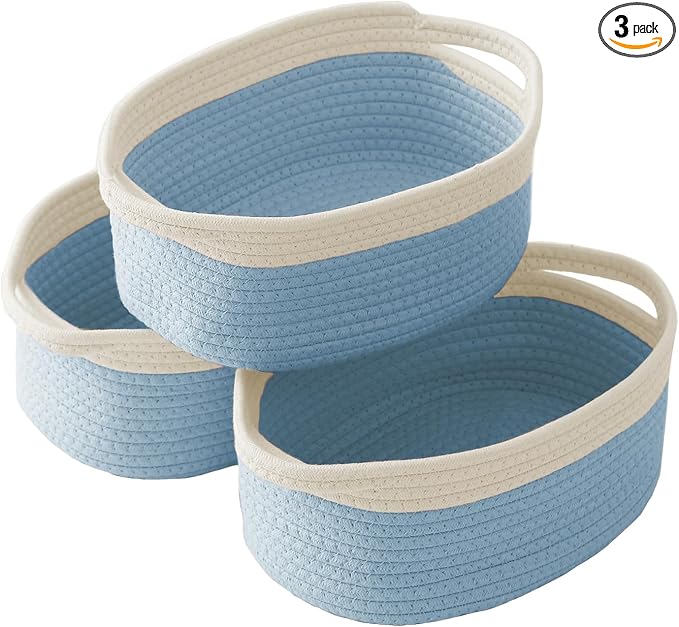 JMvicyroam Woven Basket,Small Rope Storage Bin with Handles & Ribbon Bag, Organizer for Shelves Closets,Gift Basket Empty for Birthday,Books,Dog Toys, White&Blue/3 Pack