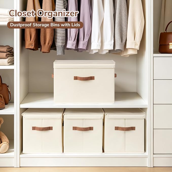 CHICVITA 4-Pack Closet Storage Bins with Lids, Fabric Storage Baskets for Shelves, Decorative Storage Boxes with Handles for Clothes Toy, Ivory