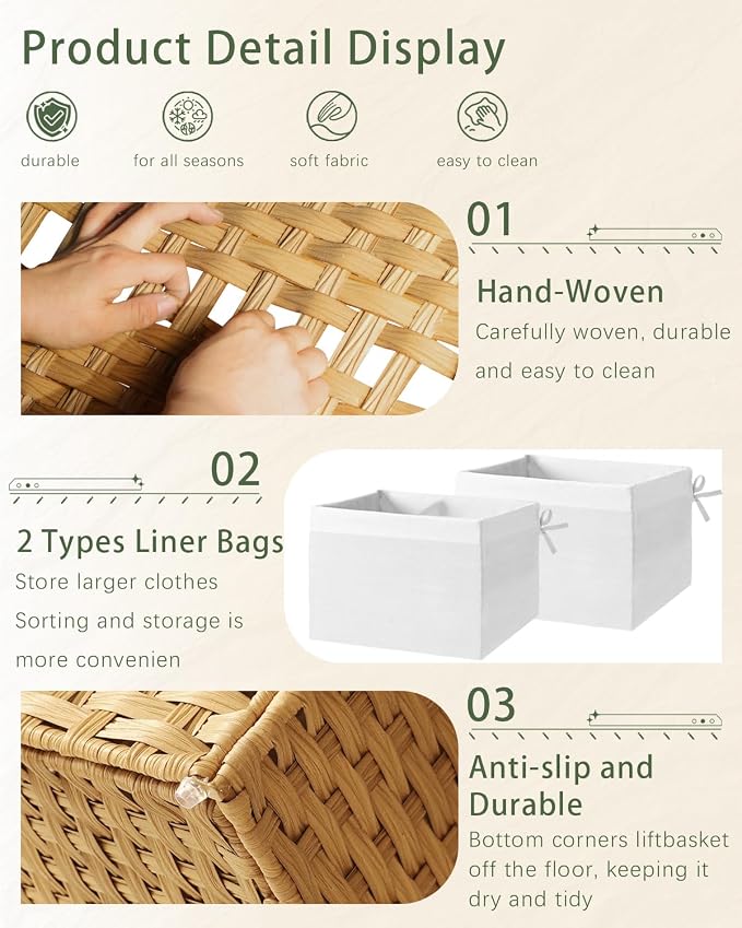 SETVSON Storage Basket with Lid Wicker Baskets for Storage with 2 Separate Lid 42.3 Gallon (160 L) 29.9 x 17.3 x 18.1 Inches Rattan Woven Large Wicker Basket with 2 Liners for Bedroom Laundry Natural