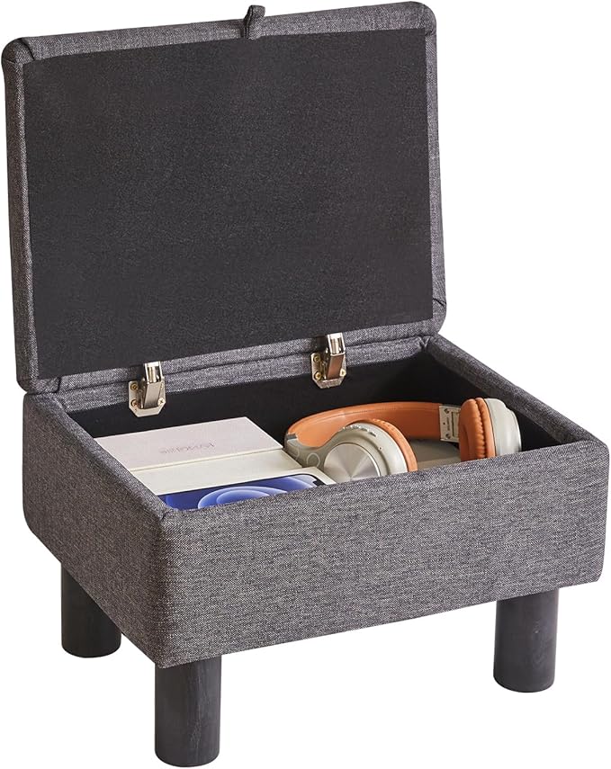 Aibiju Small Foot Stool Ottoman with Storage, Linen Foot Rest with Wood Legs Safety Hinge Flip Top, Bedside Step Stool Rectangle 16x12x9.5inch for Living Room Bedroom Dark Gray YD-JD1363