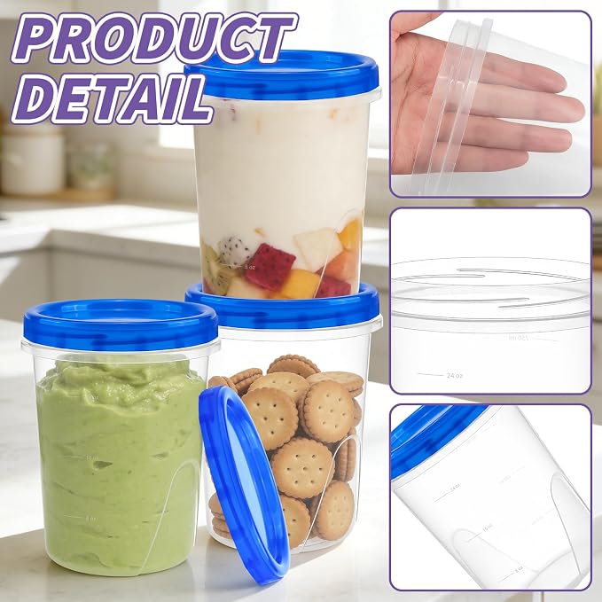 6 Pack Freezer Containers with Screw On Lids, 32 Oz Stackable Reusable Plastic Storage Container, Airtight Plastic Food Storage Containers with Twist Top Lids for Food Soup Jello Sauce
