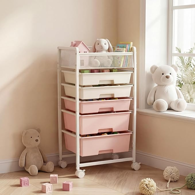 Stylish Rolling Craft Cart with Wheels and 5 Drawers, Art Cart Organizer and Storage, Rolling Storage Cart for Organizing Crafts, Yarn, Toys, School Supplies, etc