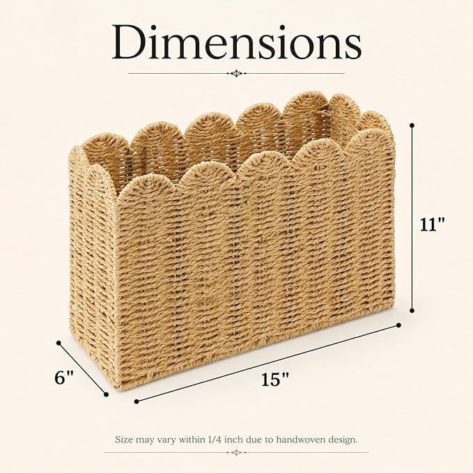 Paper Rope Magazine Holder, Tall Narrow Scalloped Basket | Handwoven Paper Rope Narrow Basket for Magazine Storage, Book basket, Mail Organizer, File Holder 15"L x 6"W x 11"H