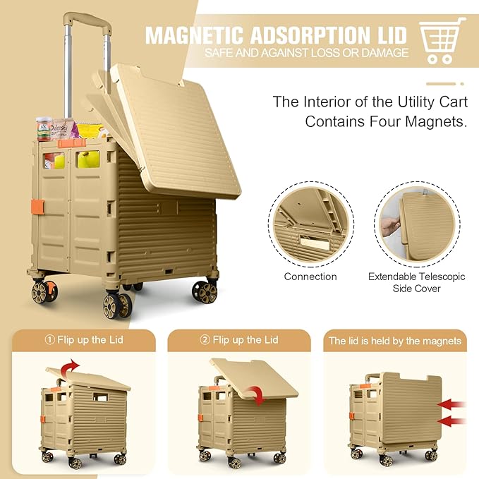 Rolling Shopping Cart with Wheels,Folding Utility Cart for Grocery,Durable Heavy Duty Collapsible Crate Rubber Tool Box with Magnetic Lid/Telescopic Cover for Office/Teachers Tote Basket/Travel