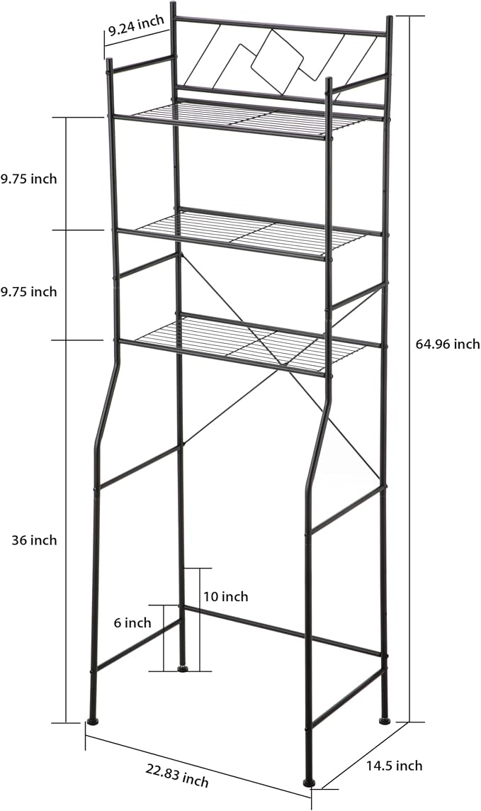 Home Zone Living Over-the-Toilet Bathroom Storage Cabinet Organizer | Freestanding Steel Frame Design with 3-Tier Shelves, Wide Stabilizing Base and Adjustable Feet, Black