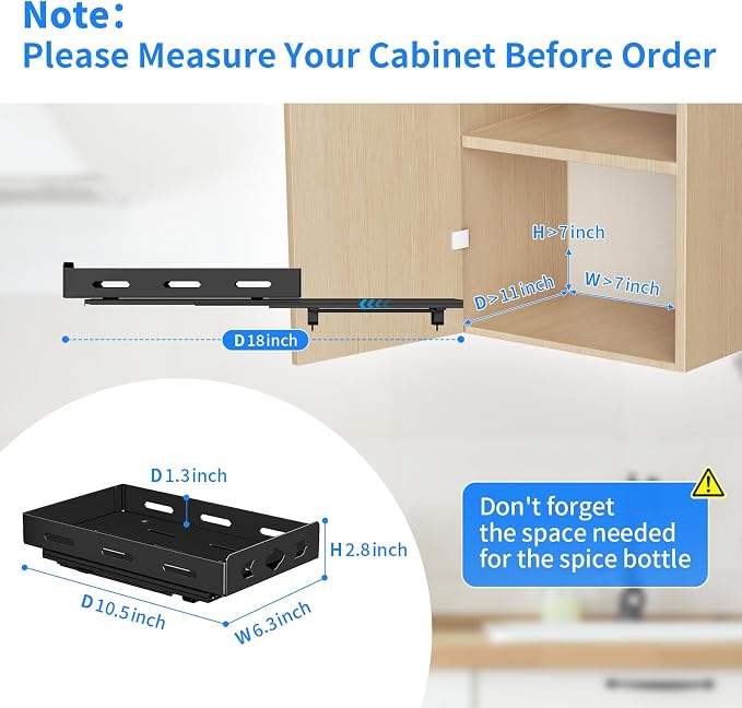 BOIVSHI Pull Out Spice Rack Organizer for Cabinet, Heavy Duty - Sliding Spice Rack, Vertical Spice Rack for Kitchen, Cabinet, Cupboard, Pantry (6.3''Wx10.5''Dx2.8''H, Metal Black)