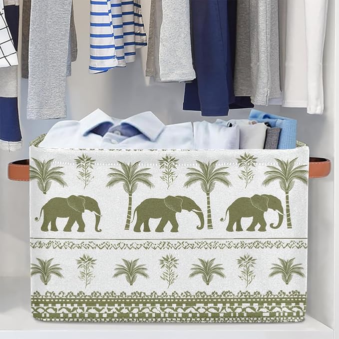 Rectangular Storage Baskets Elephant Palm Tree Fabric Storage Bin Toy Organizer Box with PU Leather Handles for Room Decor