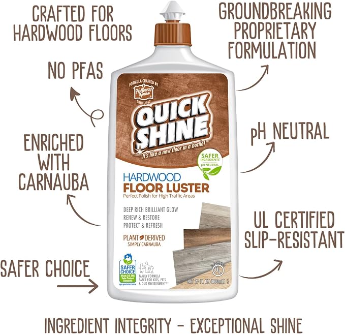 Quick Shine Hardwood Floor Luster 27 oz-2 Pk, Natural Looking Shine | Plant Derived Carnauba Polish, Renew & Protect, Streak & Haze Free, Non-slip, pH Neutral, No PFAS, EPA Safer Choice