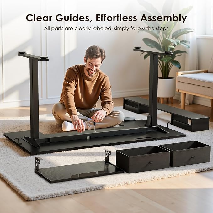 OffiGo 55 Inch U Shape Standing Desk with Keyboard Tray & Drawers, Black | 3 Outlets & 2 USB Ports, Dual-Monitor Stand, 10 Colors & 10 LED Modes, 3 Presets, 28.3"-46.5"in Range, 154 lb Capacity