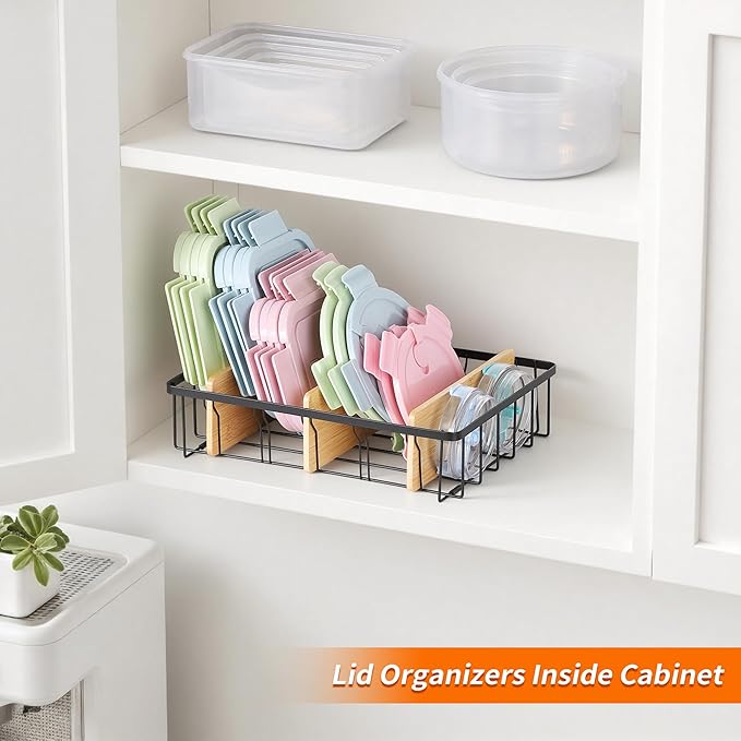 2-Pack Adjustable Lid Organizers - Large Kitchen Cabinet Organizer for Food Storage Container and Tumbler Cup Lids with 6 Bamboo Dividers -Organizers in Kitchen/Pantry/Laundry Room(Size:M+L)