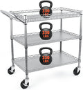 BolDuck Heavy Duty Utility Cart, 990Lbs Capacity 3 Tier Rolling Carts with Wheels, Kitchen Cart on Wheels with Storage, Commercial Grade Metal Serving Carts with Wire Shelving &Handle Bar, Silver