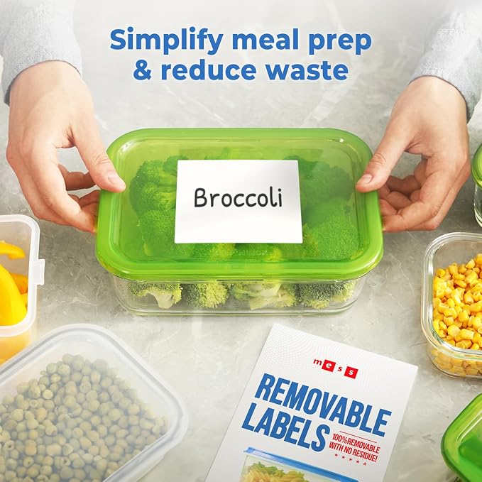 MESS Removable Food Labels for Containers (48-Pack) 3x4 Erasable Kitchen Labels for Organizing, Freezer & Fridge, White Dry Erase Labels for Jars
