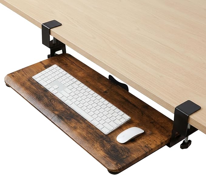Mahogany Keyboard Tray Under Desk Clamp, Large Slide-Out Keyboard and Mouse Tray, Ergonomic Under Desk Keyboard Drawer Alternative with Wrapped Edge Surface for Home Office