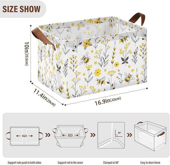 Yellow Wildflower with Bee Storage Basket Foldable Cube Storage Bins with Handles&Labels Waterproof Collapsible Organizer Box Bin Large Decorative Baskets for Shelves Home Living Room Closet, 2 Pack